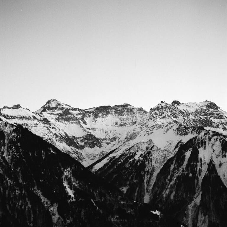 Black-and-white photo of a mountain range with snow-covered peaks beneath a clear sky; dark forested slopes in the foreground.